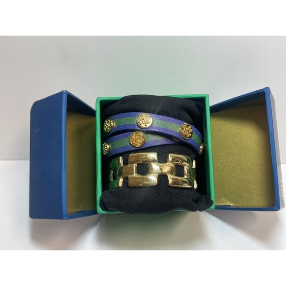 Rustic Cuff Gold Metal Cuff & Double Wrap Leather Bracelet Set New - Picture 4 of 4